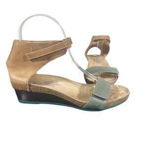 Naot Prophecy Wedge Sandals Tan Green Leather Size 37 US 6 Comfort Arch Support